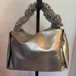 Afonie  Rhinestone Sparkly Handle Soft Hobo Purse Silver